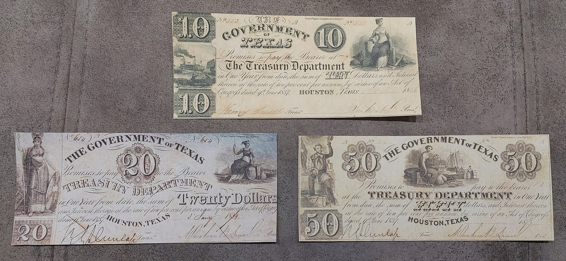 Government of Texas 10 Dollar 1838, 20 Dollar 1839, and 50 Dollar 1838 obsolete currency notes front
