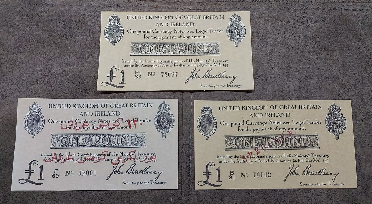 Obverse view of Great Britain 1914 1 Pound legal tender treasury notes. Features the iconic large-size blue currency layout, ornate royal crown emblems, and historic anti-counterfeiting watermark fields.