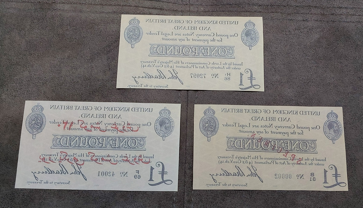 Reverse engraving configurations of the UK 1914 1 Pound Bradbury treasury issues, highlighting complex geometric lathe work and structural printing ink penetration profiles.