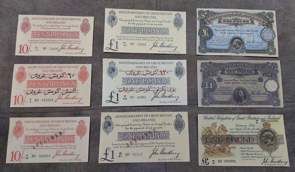 Reprint on paper with W/M Great Britain UK Shilling+Pound 1914-1917 FREE SHIPP.