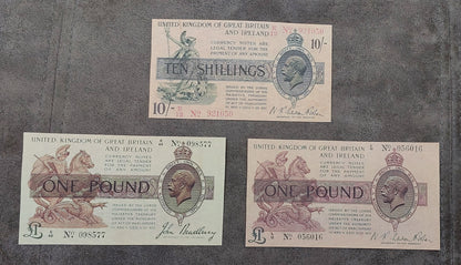Bank of Great Britain 1917 and 1919 1 Pound legal tender treasury notes. Features the classic Saint George and the Dragon vignette, complex watermark (W/M) placement layouts, and dual Bradbury and Fisher signature varieties.