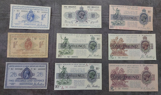 Comprehensive Bank of Great Britain 1917-1919 Treasury Notes collection. This premium 9-piece numismatic lot showcases highly collectible WWI-era and post-war emergency paper money. Features iconic British Treasury issues with original John Bradbury and N.K. Warren Fisher signature variations. Highlights include rare Specimen overprints, distinct Red and Black serial number prefixes, and intricate George V royal portrait geometry. An essential acquisition for world banknote collectors specializing British