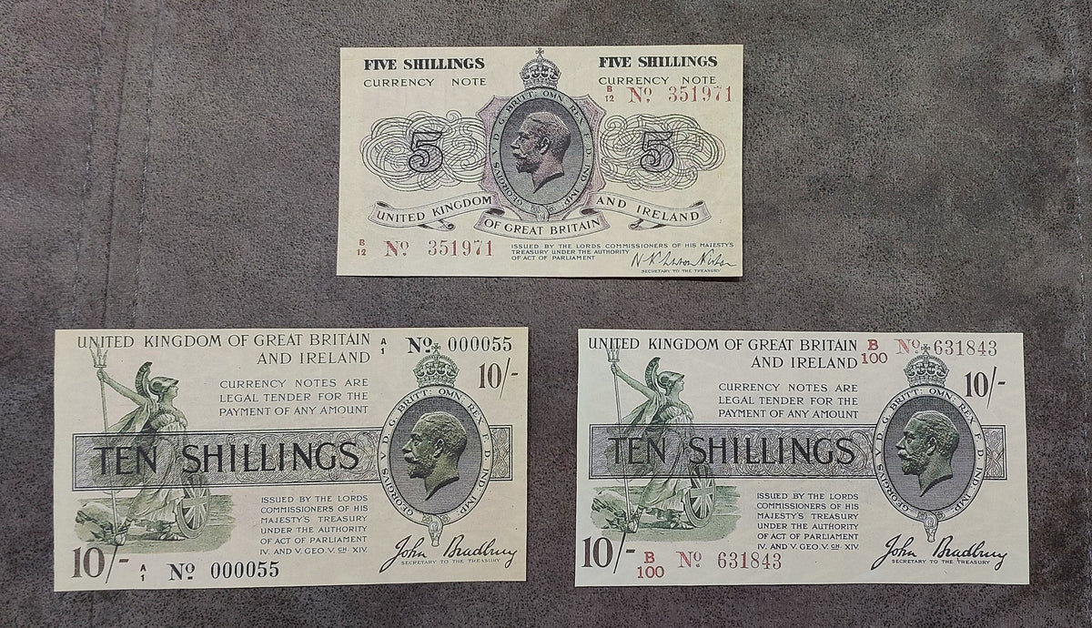 Great Britain 1918 10 Shilling treasury notes featuring the famous John Bradbury signature. Highly collectible 'Bradbury' emergency paper money variants showing distinct red serial number and black serial number stamp differences.