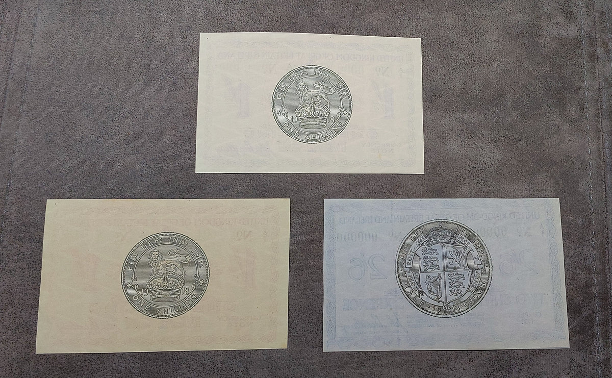 Detailed reverse patterns of Great Britain 1818-1919 Treasury bank notes. Highlights the intricate geometric lathe work, royal crown emblems, and specialized security backgrounds used during the early 20th century.