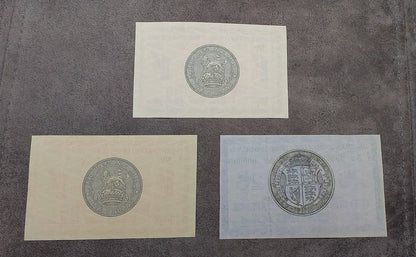 Detailed reverse patterns of Great Britain 1818-1919 Treasury bank notes. Highlights the intricate geometric lathe work, royal crown emblems, and specialized security backgrounds used during the early 20th century.