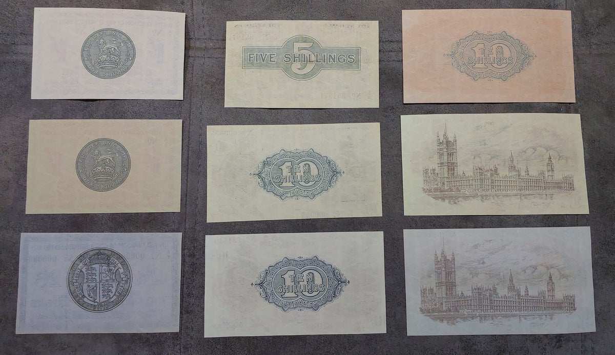 Obverse view of Great Britain 1919 Treasury Shilling notes. Displays early King George V numismatic layouts, fine line-engraved borders, and prominent Warren Fisher signature placements highly sought after by British paper money researchers.