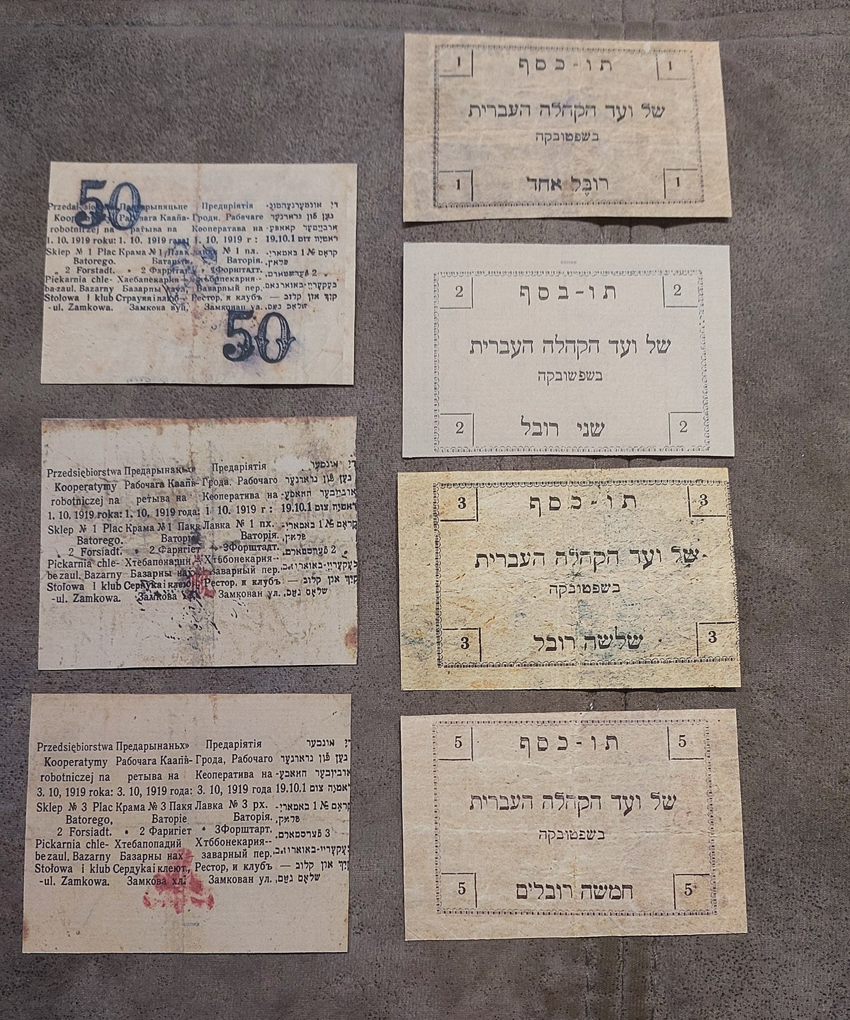 Reverse view of the Shepetovka and Grodno Jewish communal bonds. Highlights the obsolete currency backing formats, regional treasury signature bleeding, and complex geometric security backgrounds from the revolutionary era.