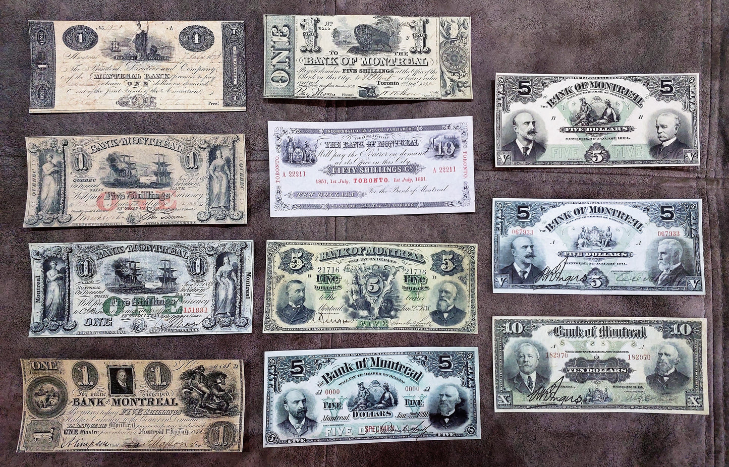 Historic Canada Bank of Montreal Numismatic Banknotes Set of 11 Bills