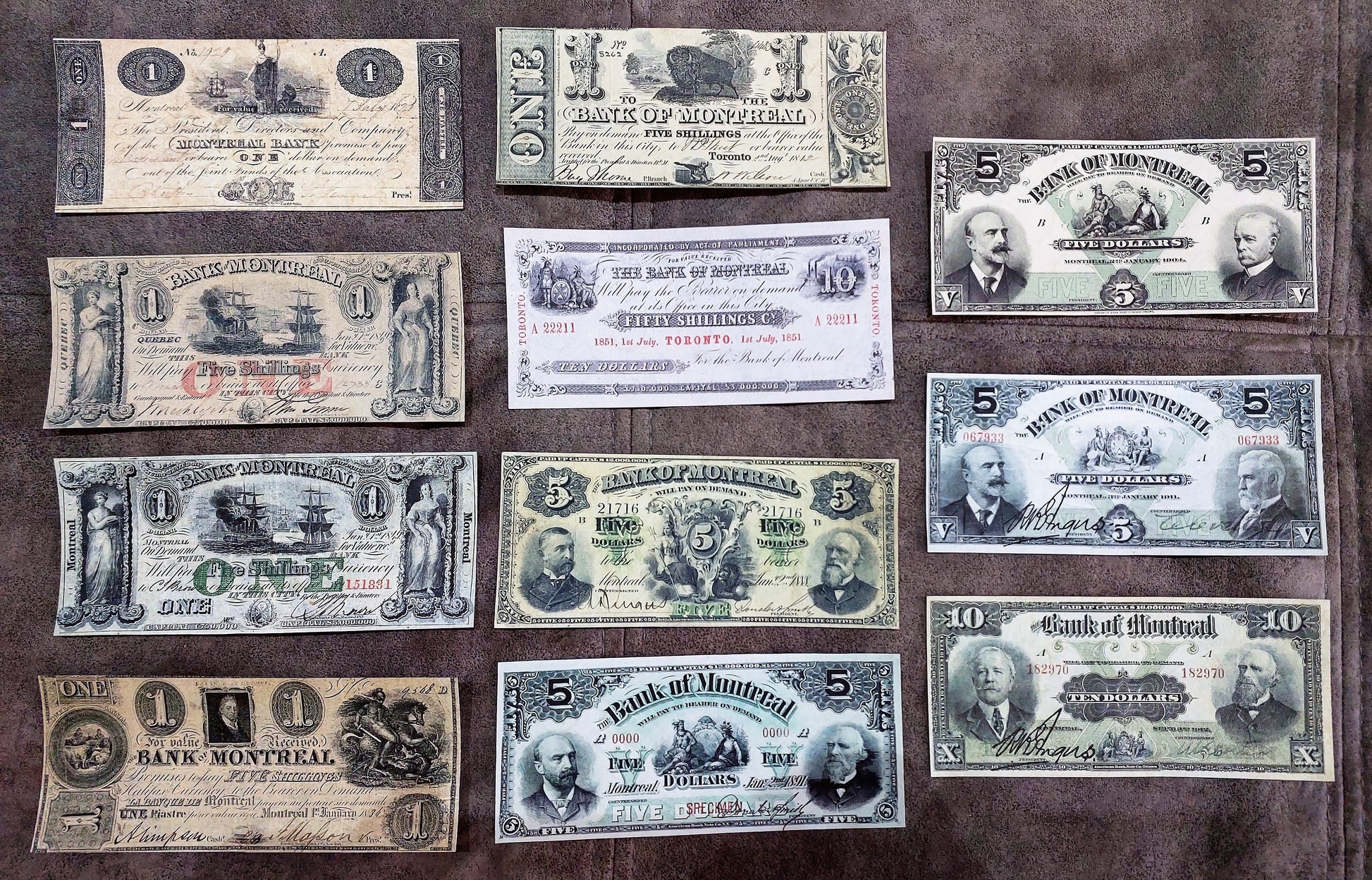 Historic Canada Bank of Montreal Numismatic Banknotes Set of 11 Bills