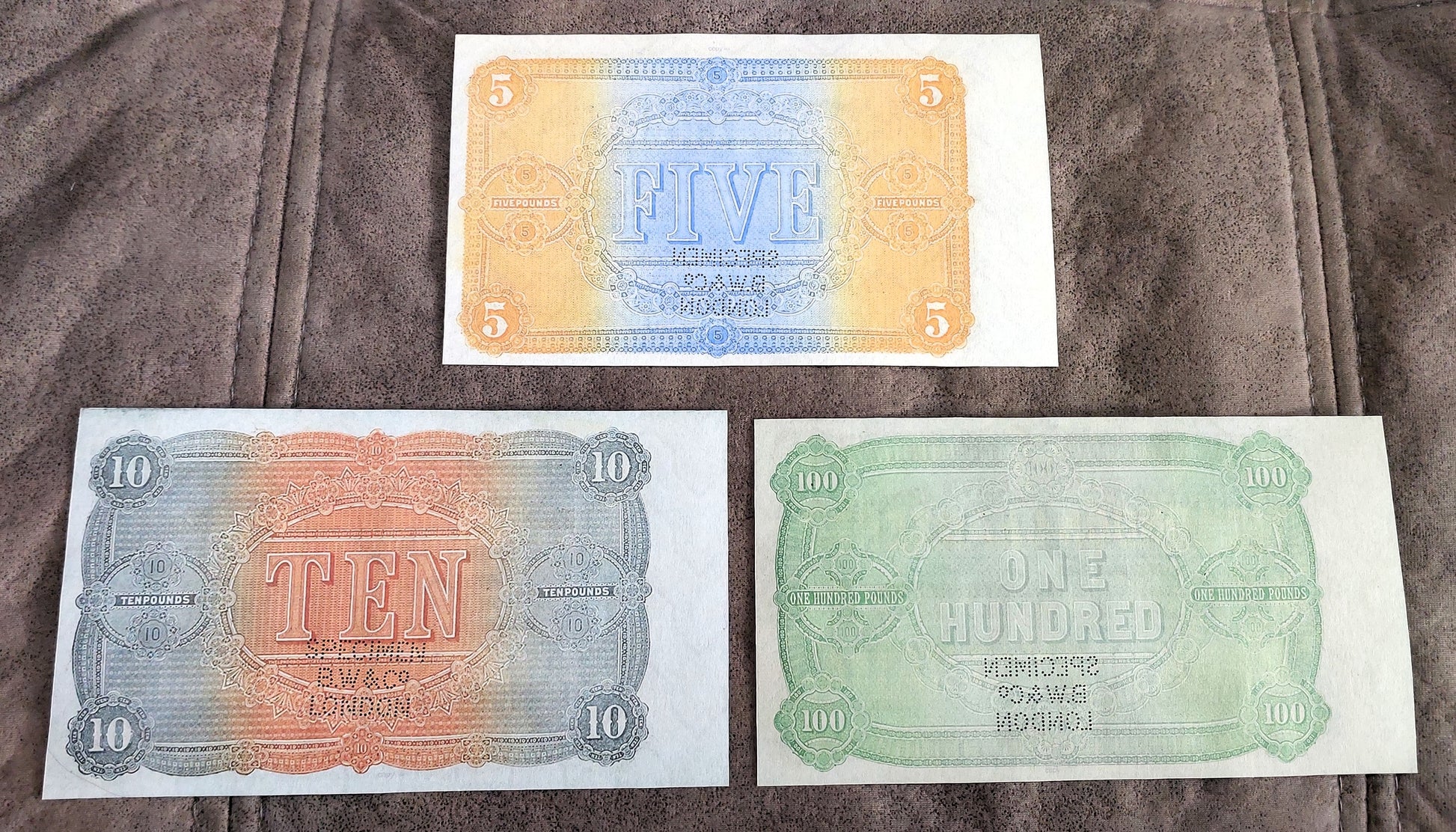 The London Bank of Australia 5 Pound & 10 Pound Specimen notes reverse side