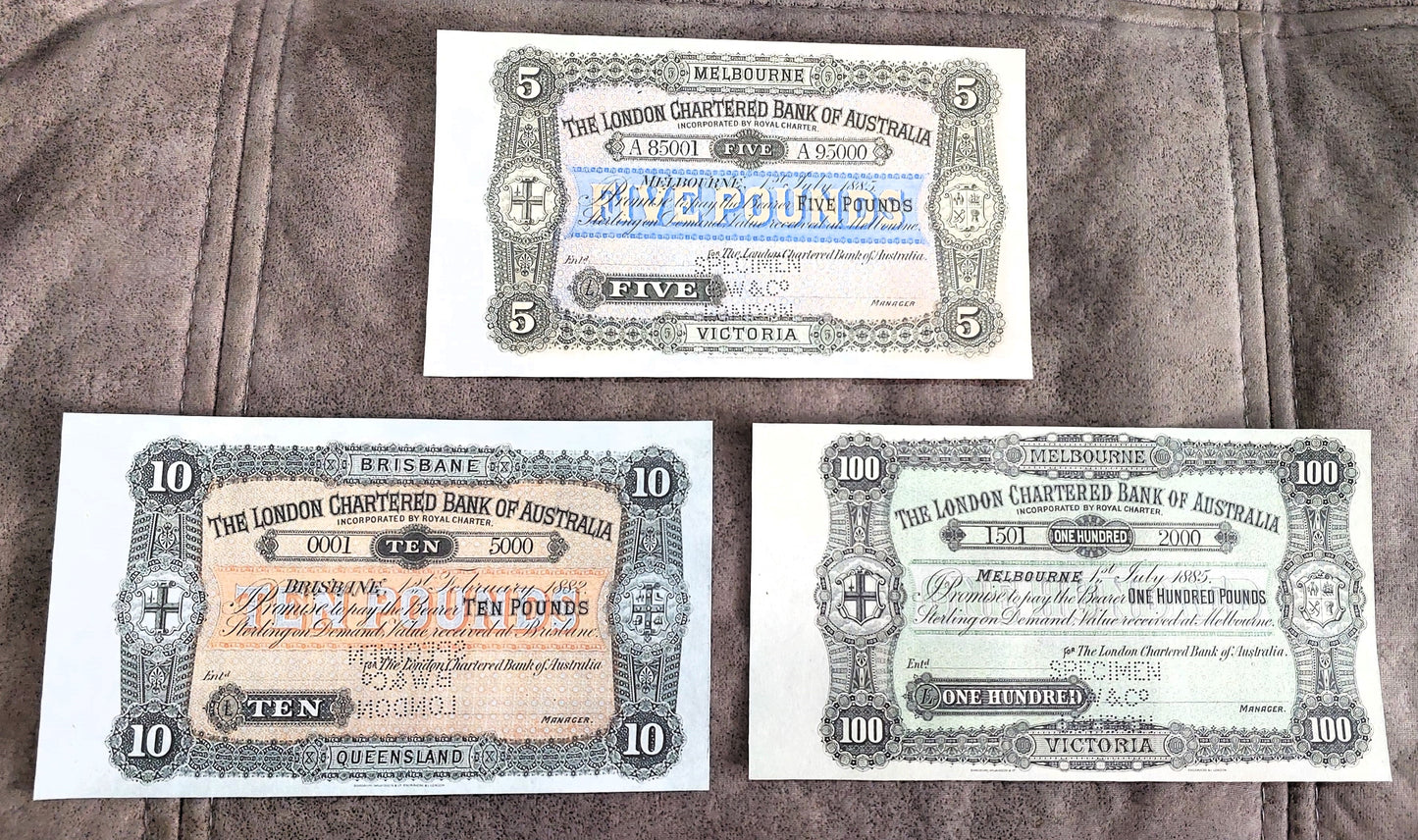 The London Bank of Australia 5 Pound 1885 & 10 Pound 1882 Specimen notes front