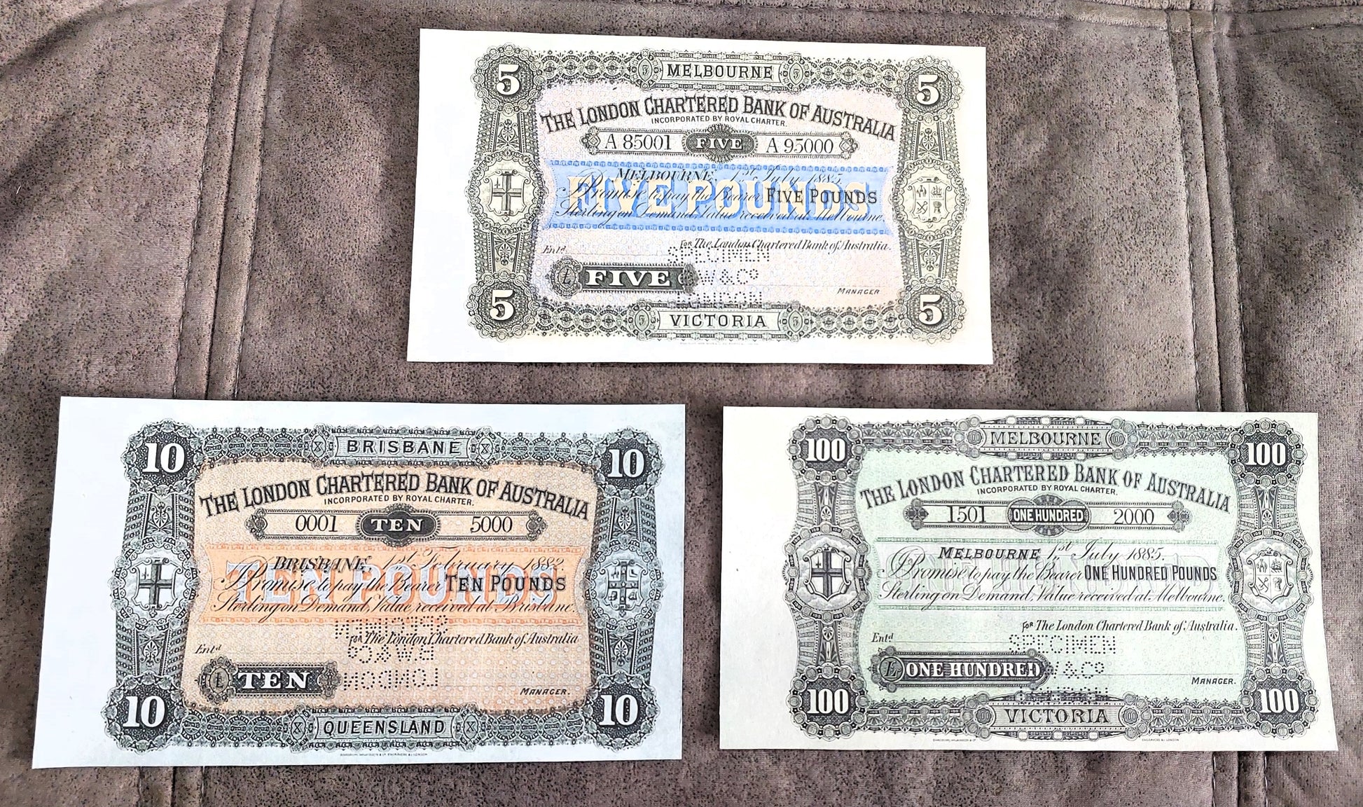 The London Bank of Australia 5 Pound 1885 & 10 Pound 1882 Specimen notes front