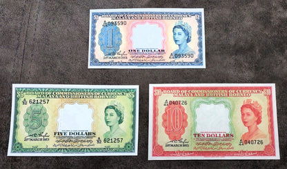 Three-note layout (trio) featuring front/obverse views of the 1, 5, and 10 Dollar Queen Elizabeth II banknotes.