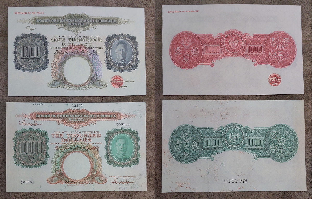 Close-up layout featuring the rare high-denomination 1,000 Dollar and 10,000 Dollar Specimen banknotes, highlighting overprints and security detailing