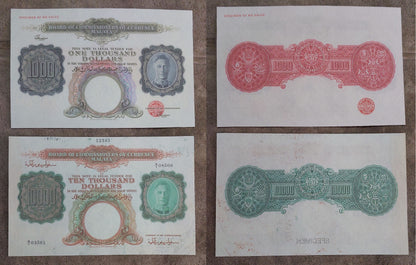 Close-up layout featuring the rare high-denomination 1,000 Dollar and 10,000 Dollar Specimen banknotes, highlighting overprints and security detailing