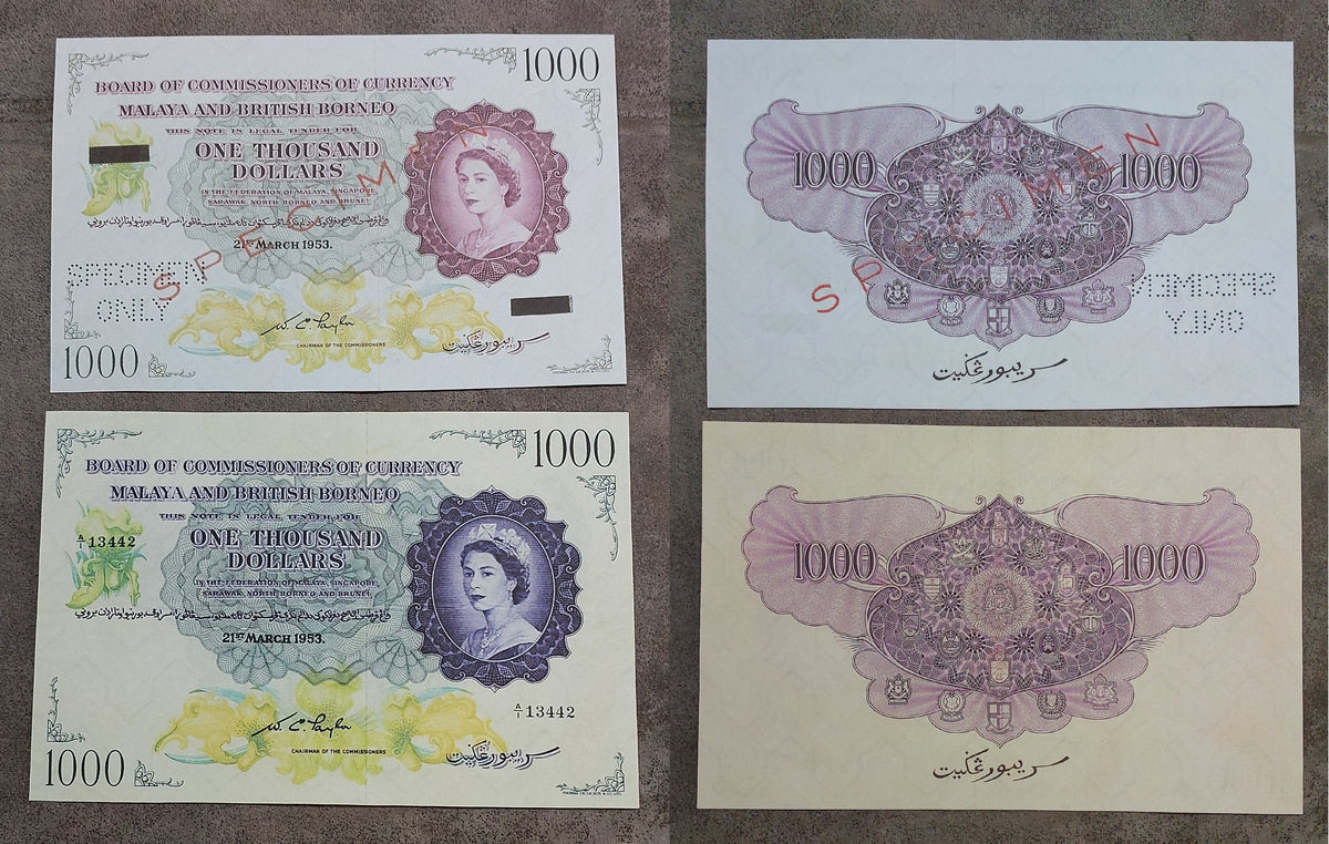 Four-note grid layout (quartet) featuring obverse views of the rare 1,000 Dollar and 10,000 Dollar notes, including Red and Green Specimen overprints