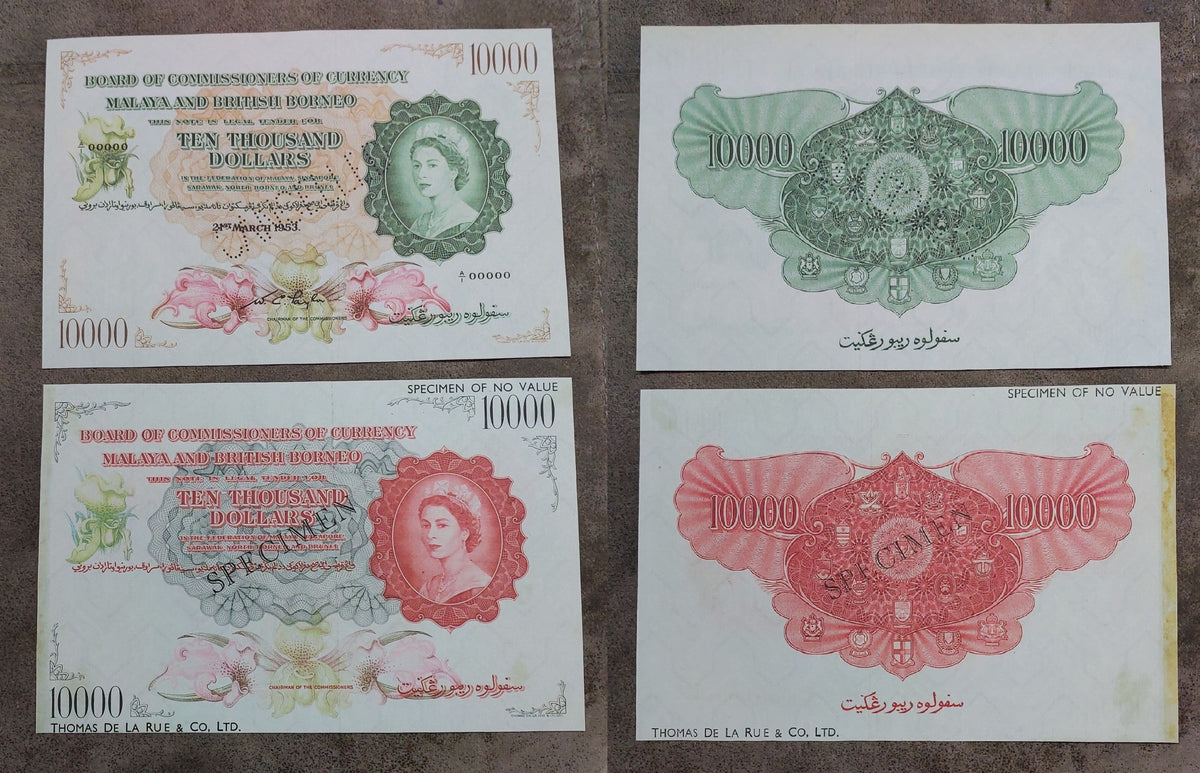 Four-note grid layout (quartet) showing back/reverse side artwork and security features for the high-value 1,000 and 10,000 Dollar issues.