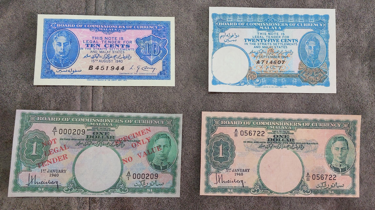 Four-note grid layout (quartet) featuring front/obverse views of the 1 Dollar and 5 Dollar banknotes, including regular issues and Specimen overprints