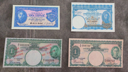 Four-note grid layout (quartet) featuring front/obverse views of the 1 Dollar and 5 Dollar banknotes, including regular issues and Specimen overprints