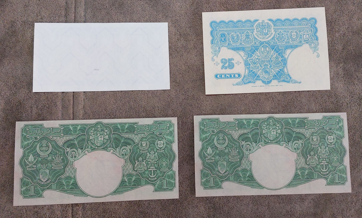 Four-note grid layout (quartet) displaying back/reverse side designs, watermark panels, and security borders for the Dollar denominations
