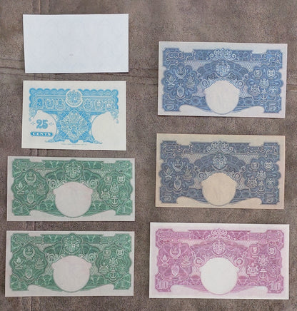 Multi-note grid arrangement highlighting back/reverse side designs, watermark windows, and distinct color variations across denominations
