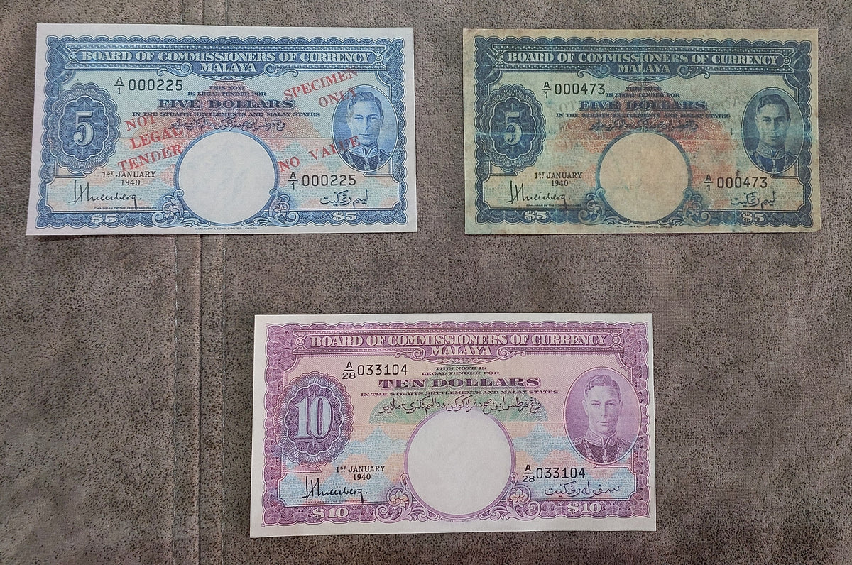 Three-note layout (trio) showcasing obverse and reverse views of the fractional  5 + 10 dollar 1940 rare paper issues