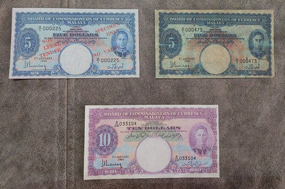 Three-note layout (trio) showcasing obverse and reverse views of the fractional  5 + 10 dollar 1940 rare paper issues