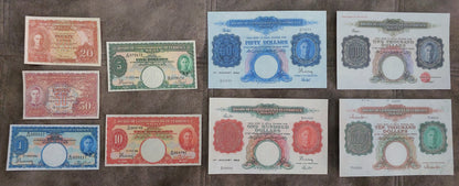 Full lot overview displaying all 9 historical Malayan banknotes (1941–1942) arranged horizontally across two structured rows