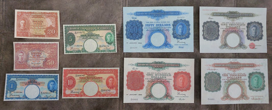 Full lot overview displaying all 9 historical Malayan banknotes (1941–1942) arranged horizontally across two structured rows
