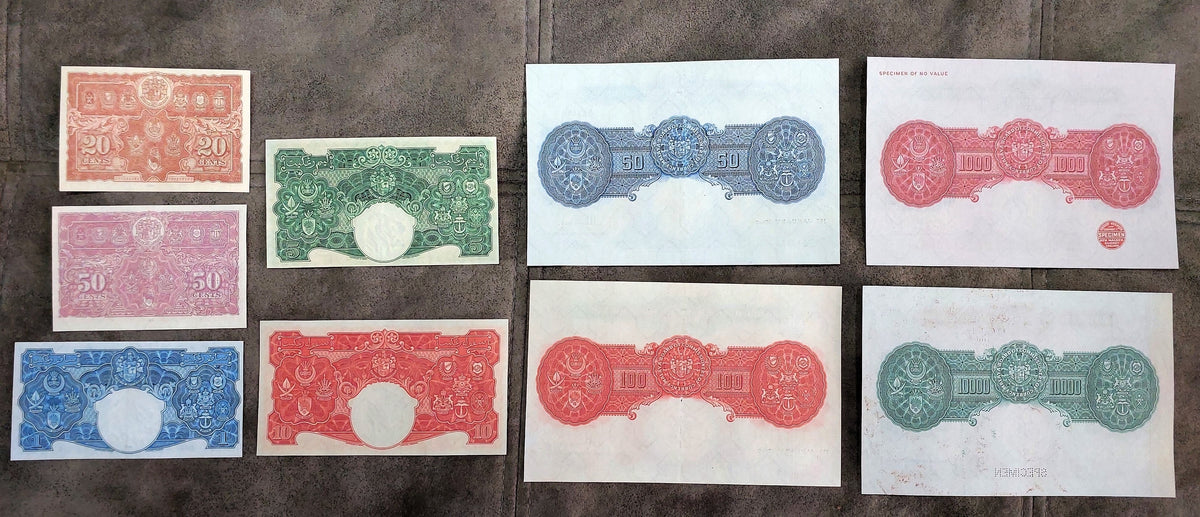 Full lot overview displaying all 9 historical Malayan banknotes (1941–1942) arranged horizontally across two structured rows back