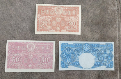 Four-note grid layout (quartet) featuring front/obverse views of the fractional cent issues and lower dollar values back