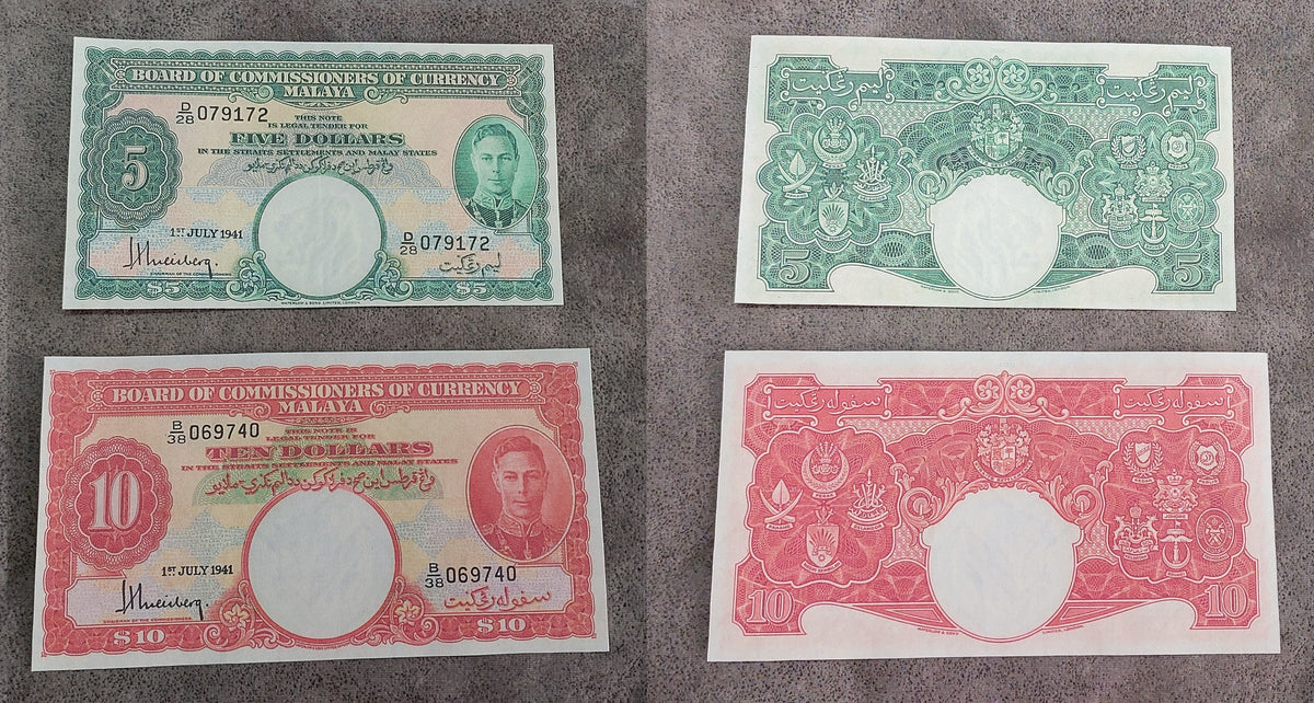 Group layout displaying front/obverse views of the key mid-range 5 + 10 Dollar King George VI issues
