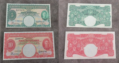 Group layout displaying front/obverse views of the key mid-range 5 + 10 Dollar King George VI issues