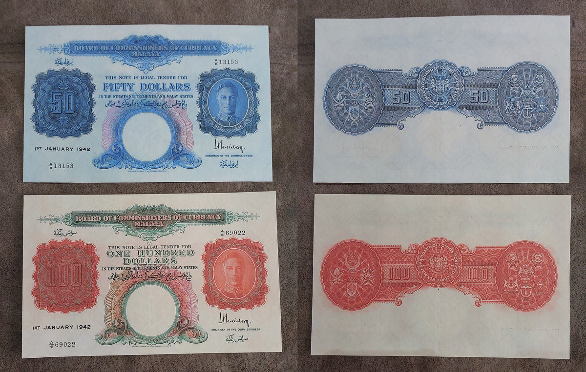 Group layout displaying front/obverse views of the key mid-range 50, and 100 Dollar King George VI issues