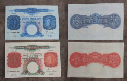 Group layout displaying front/obverse views of the key mid-range 50, and 100 Dollar King George VI issues