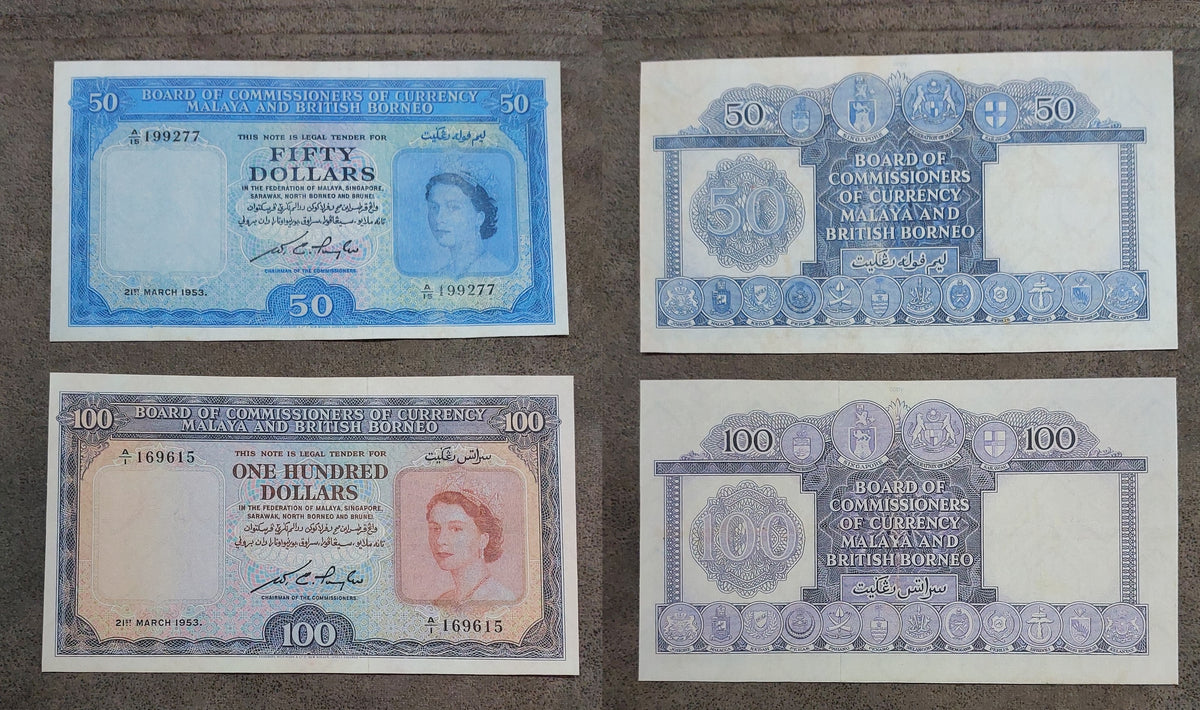 Four-note grid layout (quartet) displaying obverse and reverse side details for the 50 Dollar and 100 Dollar banknotes