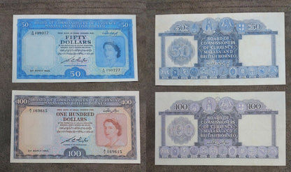 Four-note grid layout (quartet) displaying obverse and reverse side details for the 50 Dollar and 100 Dollar banknotes