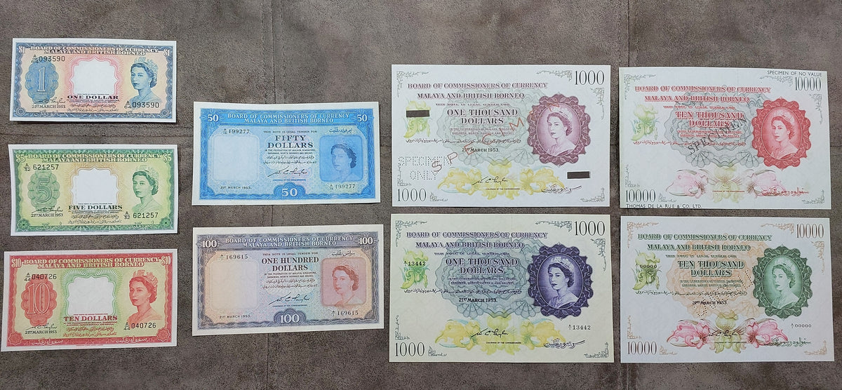Full lot overview displaying all 9 historical Malaya and British Borneo banknotes (1953) arranged in two structured rows.