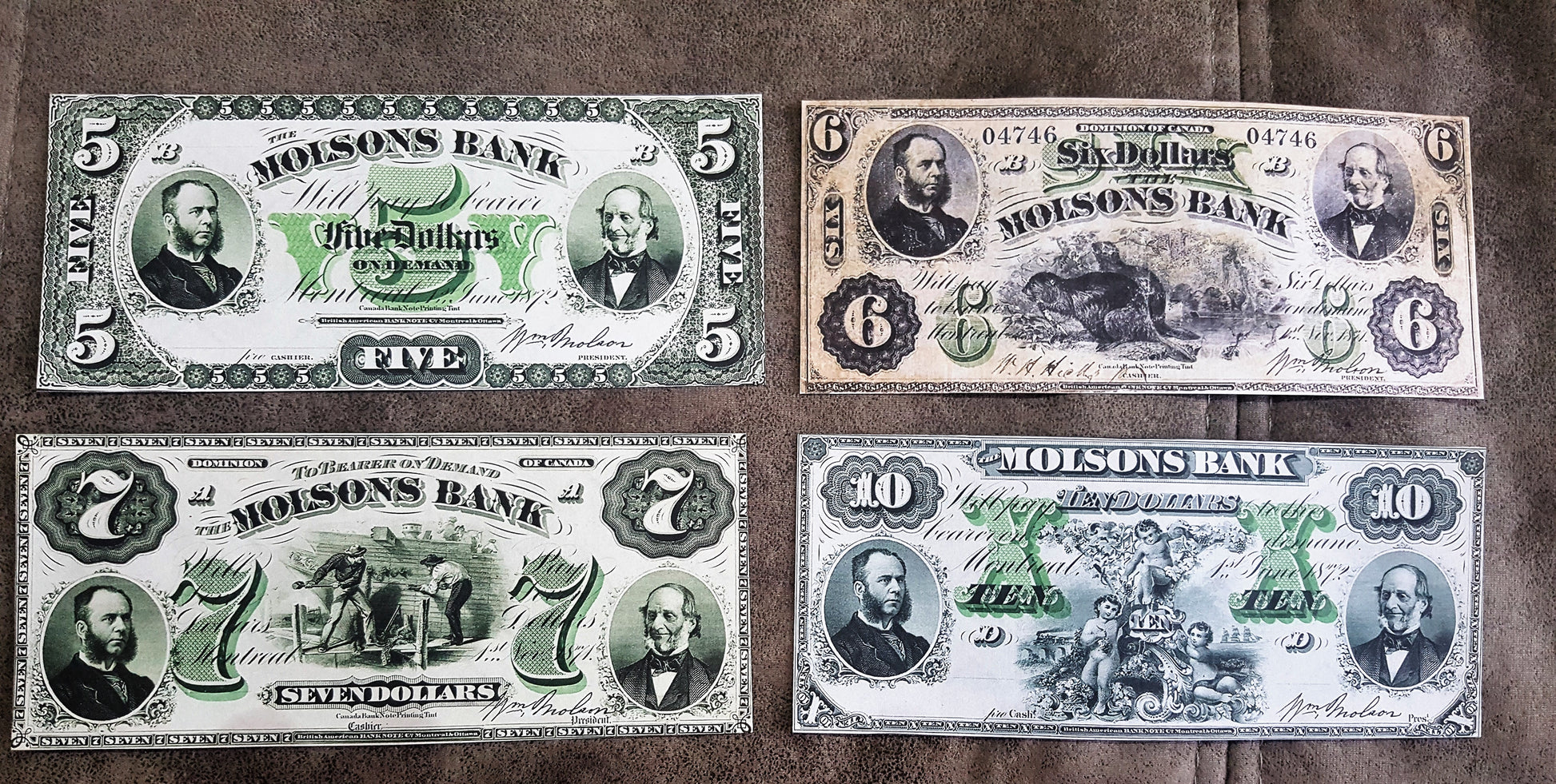 Molsons Bank Extra Rare 5, 10 Dollar 1872 & 6, 7 Dollar 1871 Specimen Notes