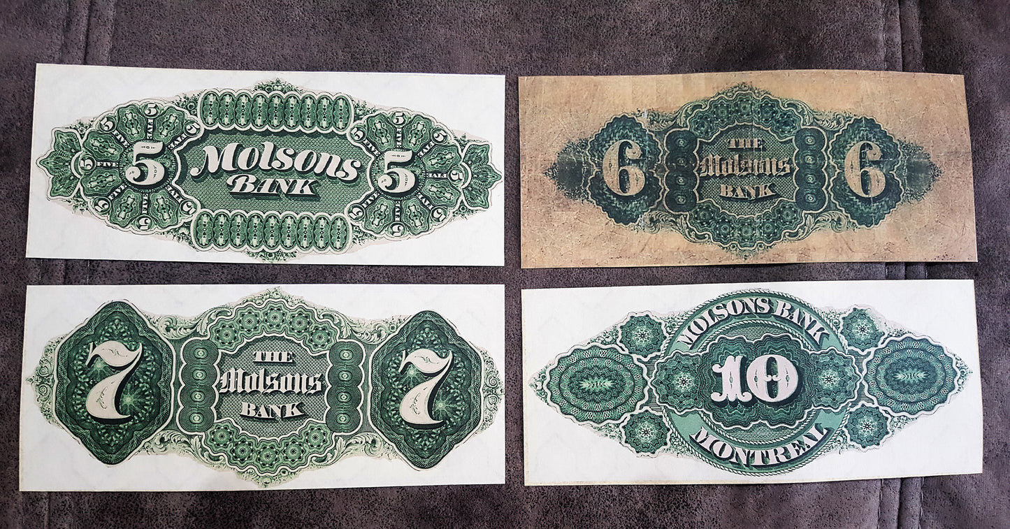 Molsons Bank Rare 5 6 7 10 Dollar 1871 1872 Specimen Notes Back Side