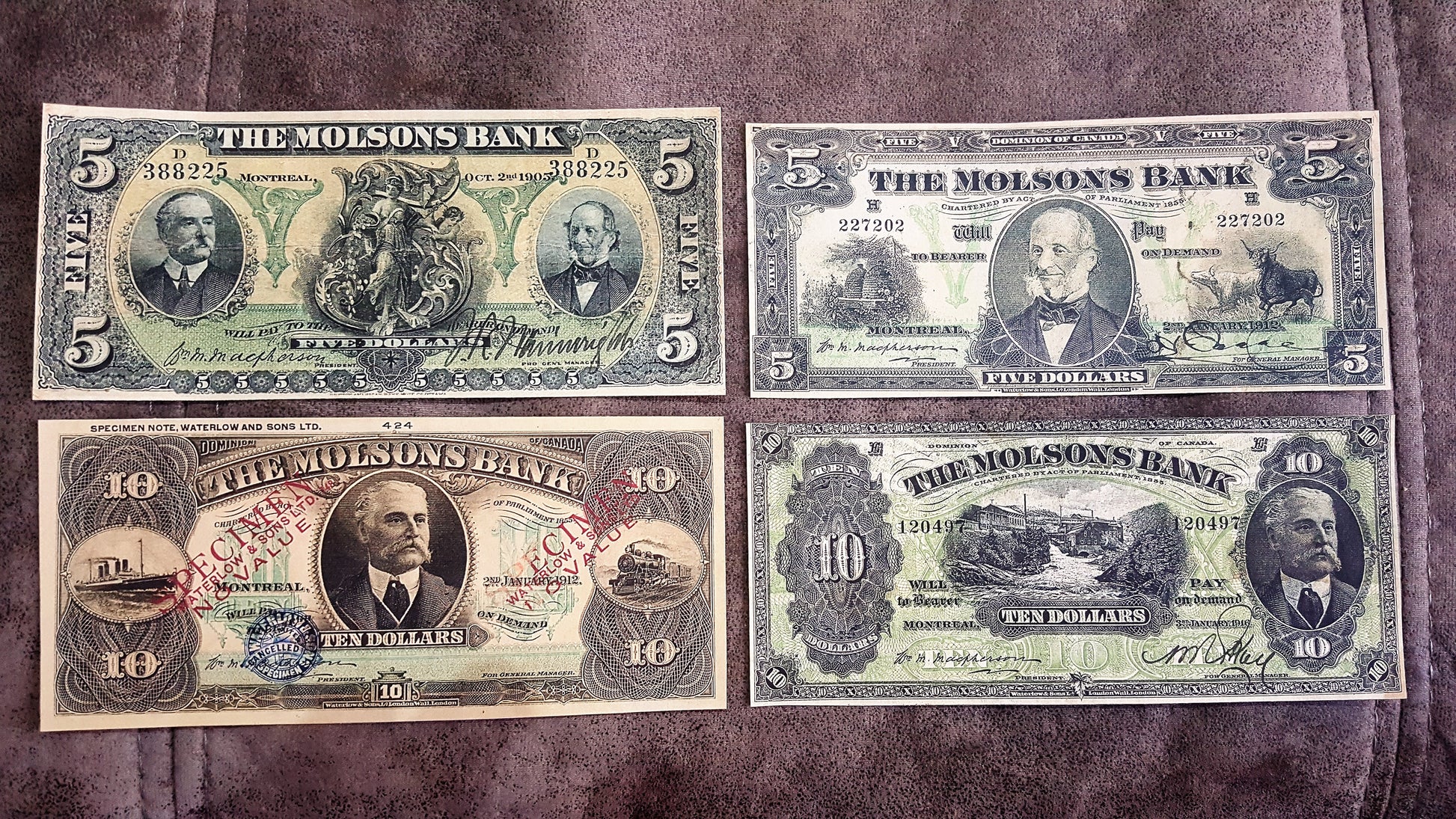 Molsons Bank 5, 10 Dollar 1908 1912 1916 and 10 Dollar 1912 Specimen Notes