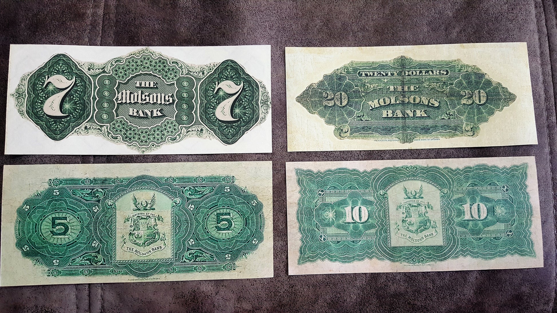 Molsons Bank 7 Dollar 1871, 20 Dollar 1904, 5 Dollar 1905 1908 Notes Reverse