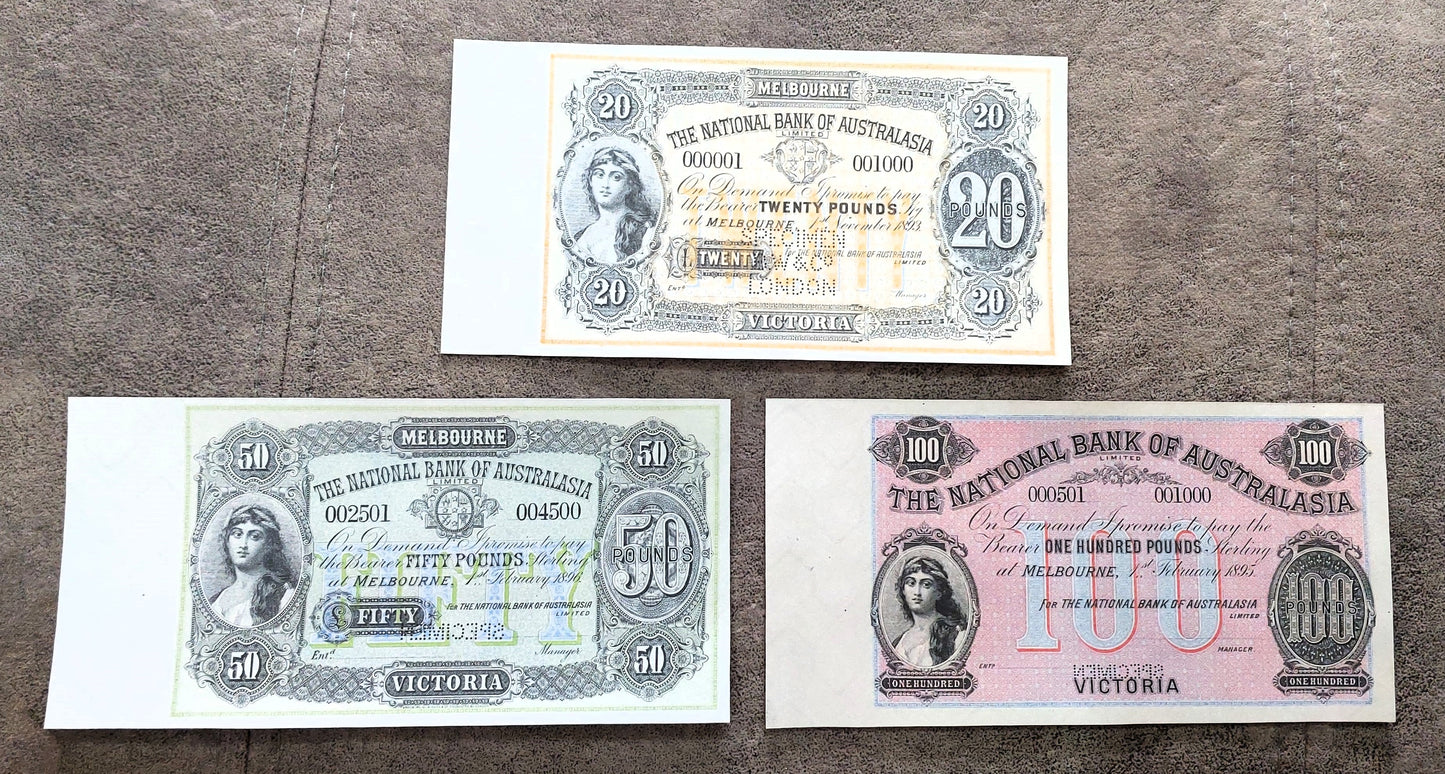 The National Bank of Australasia 1 Pound 1896 & 5 Pound 1888 Specimen Melbourne front