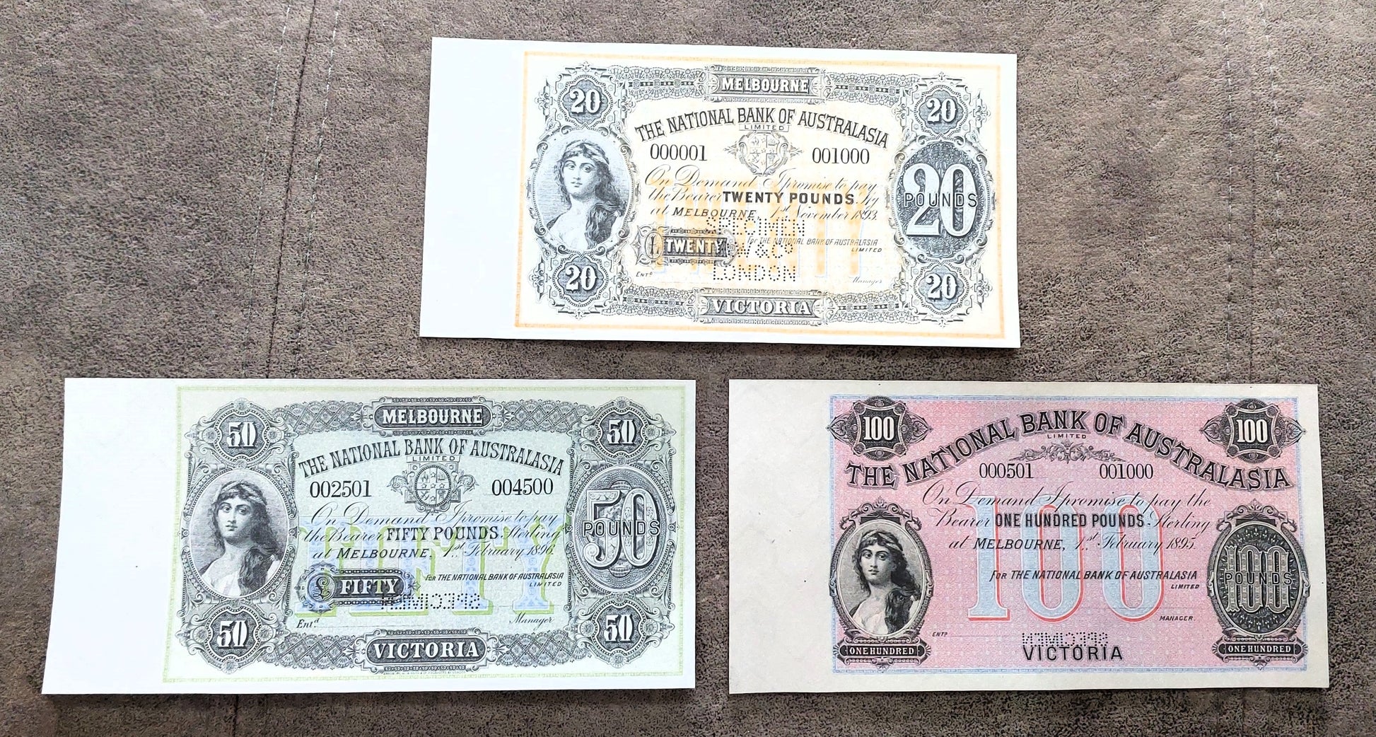 The National Bank of Australasia 1 Pound 1896 & 5 Pound 1888 Specimen Melbourne front