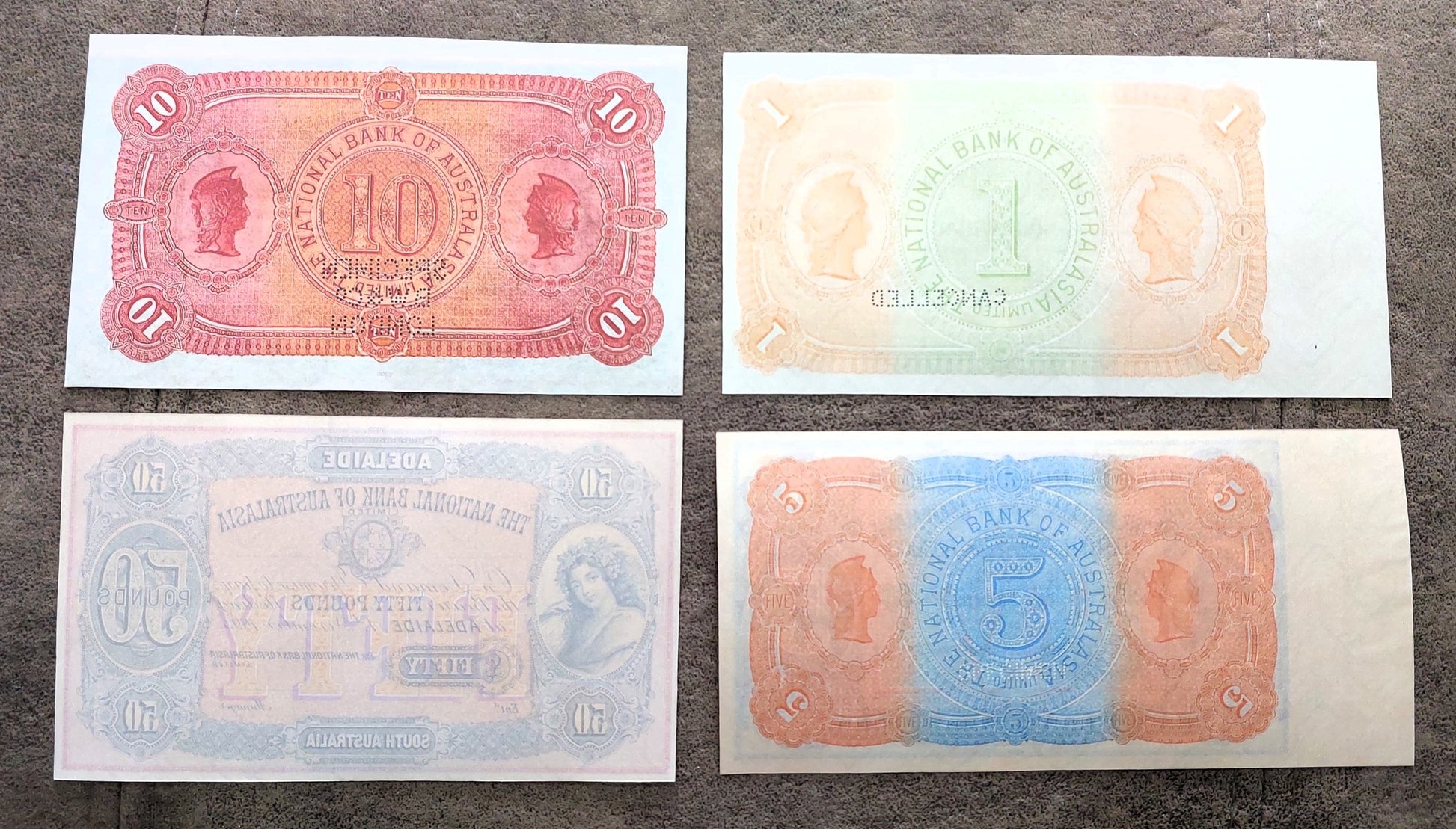 The National Bank of Australasia 10 Pound & 20 Pound Specimen Melbourne reverse side