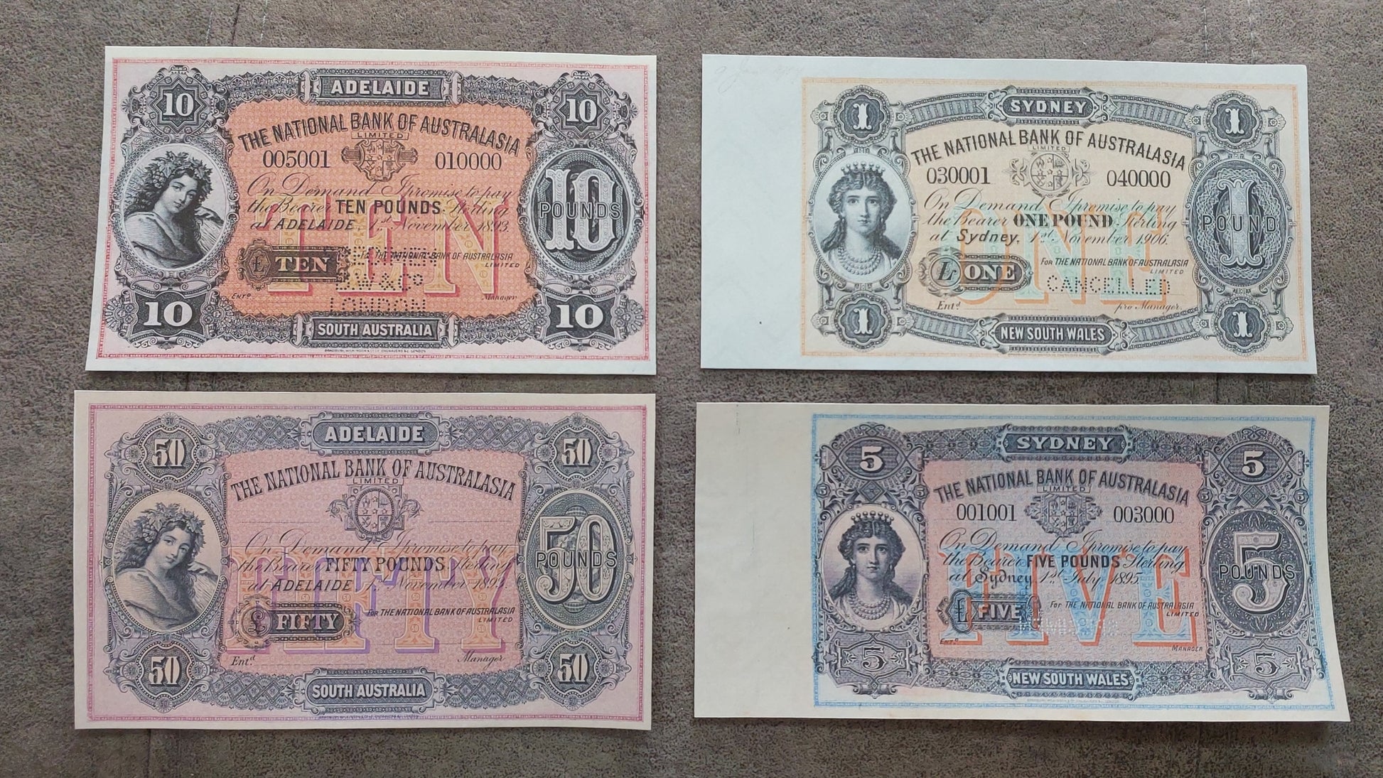 The National Bank of Australasia 10 Pound & 20 Pound 1893 Specimen Melbourne front