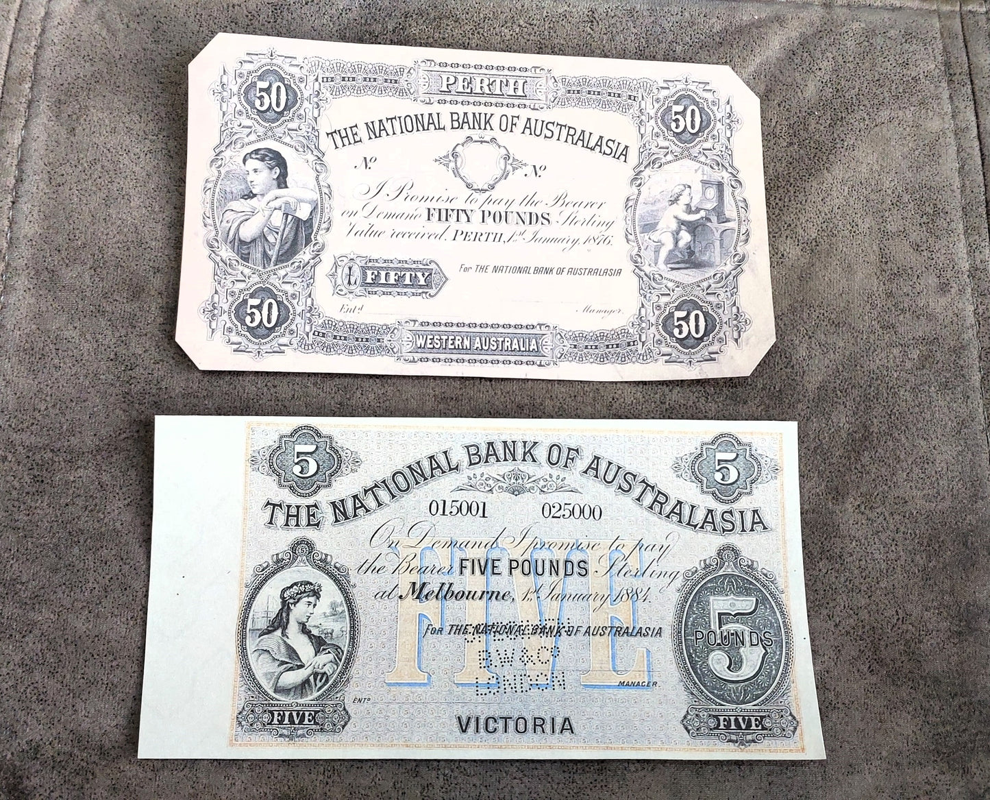The National Bank of Australasia 50 Pound & 100 Pound Specimen Melbourne front