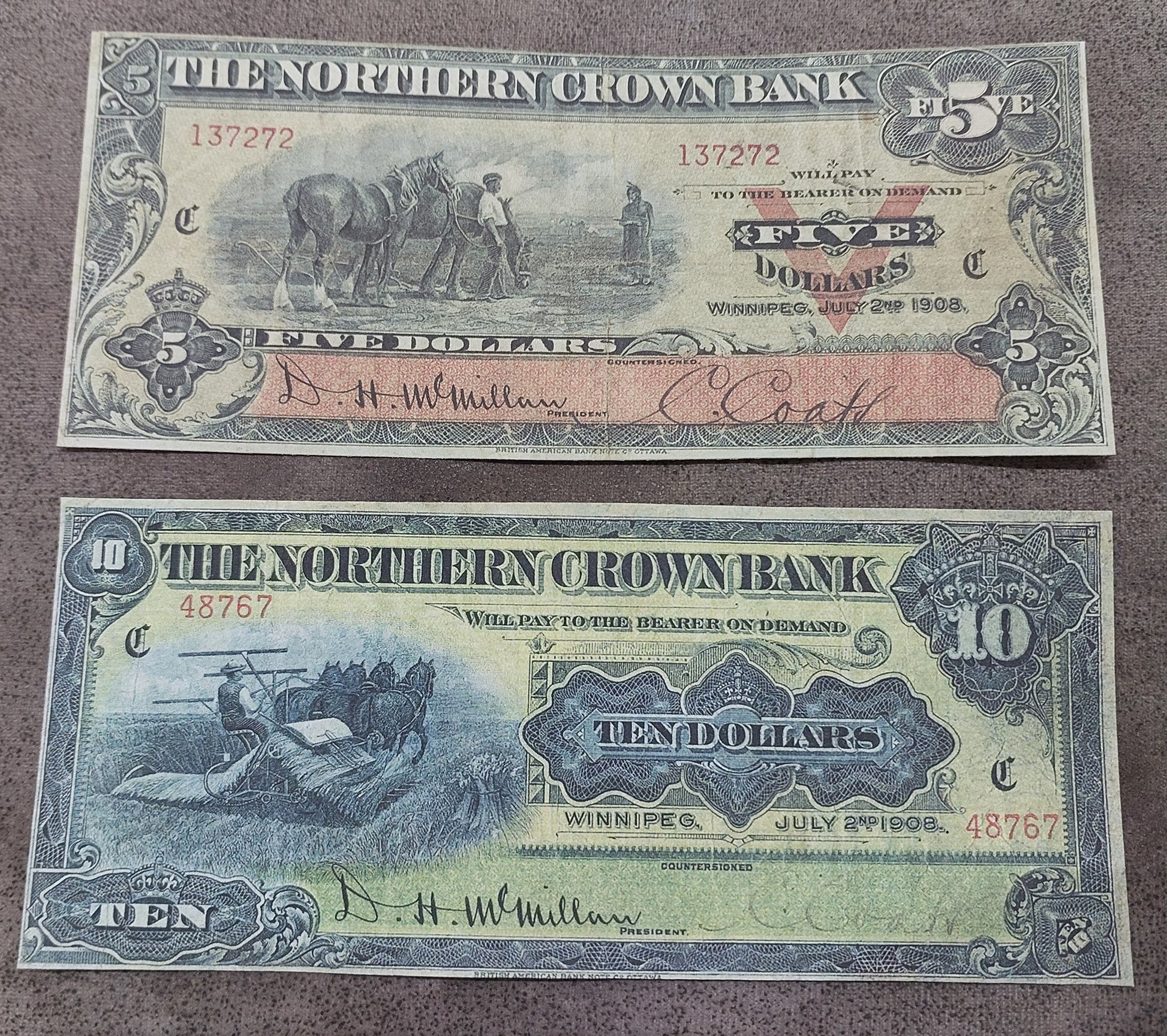 Northern Crown Bank 5 Dollar 1908 and 10 Dollar 1908 Rare Numismatic Notes