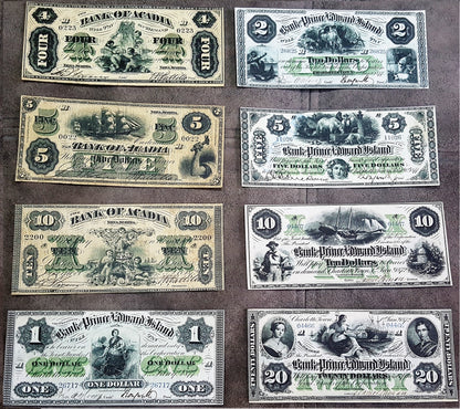 Réimpression sur papier avec filigrane Canada Banque d'Acadie + Île-du-Prince-Édouard 1872-1877