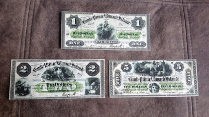Réimpression sur papier avec filigrane Canada Banque d'Acadie + Île-du-Prince-Édouard 1872-1877